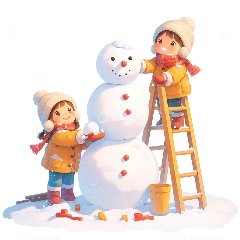高清大图下载【趣麦麦图】堆雪人的小孩子们