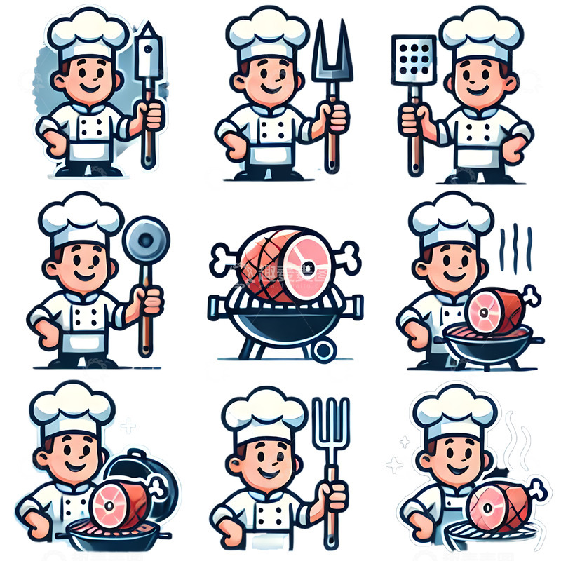 高清大图下载【趣麦麦图】厨师烧烤火腿插画