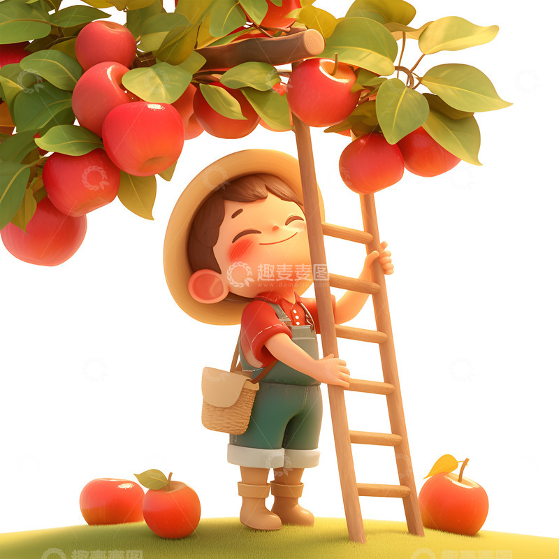 搭着梯子采摘苹果的男孩