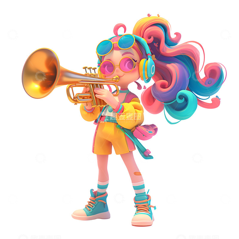 高清大图下载【趣麦麦图】吹小号的彩虹头发女孩