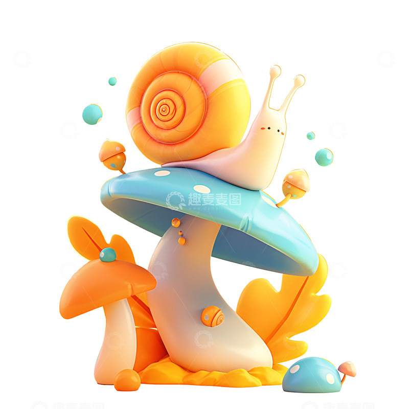 高清大图下载【趣麦麦图】蜗牛趴在蘑菇上