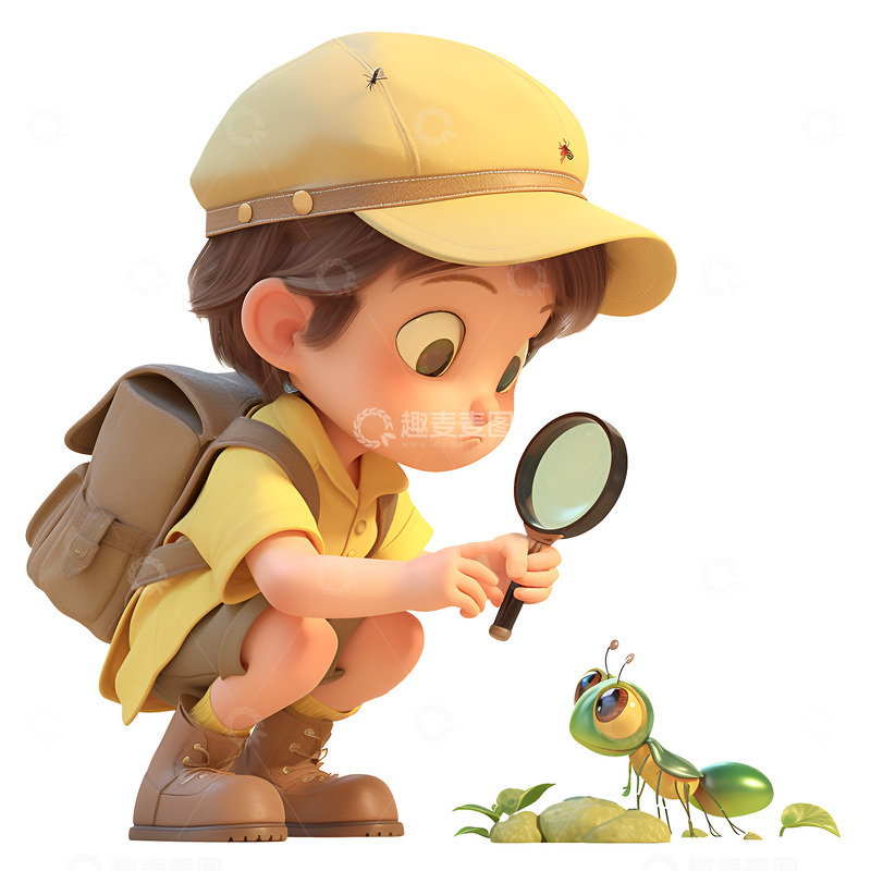 高清大图下载【趣麦麦图】拿着放大镜观察蚂蚁的小孩