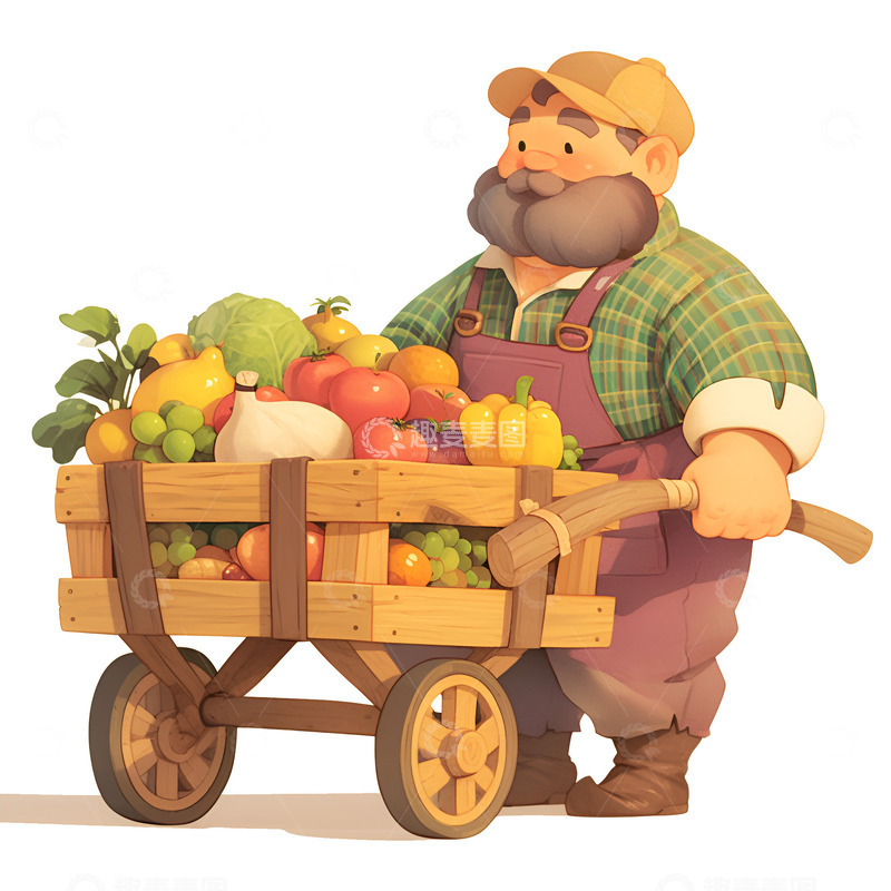 高清大图下载【趣麦麦图】推着一篮子水果的农夫