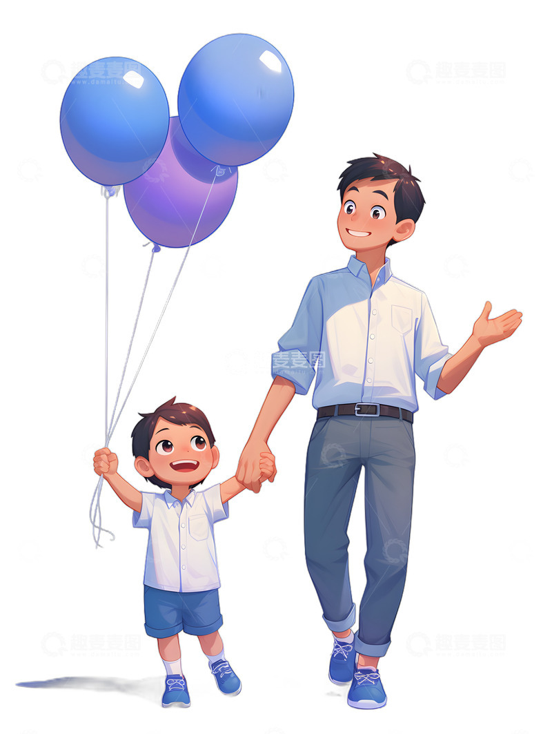 高清大图下载【趣麦麦图】爸爸与儿子拿着气球