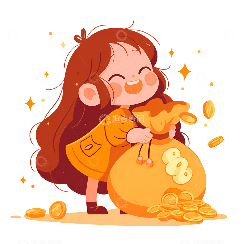高清大图下载【趣麦麦图】抱着一袋子的金币的小女孩