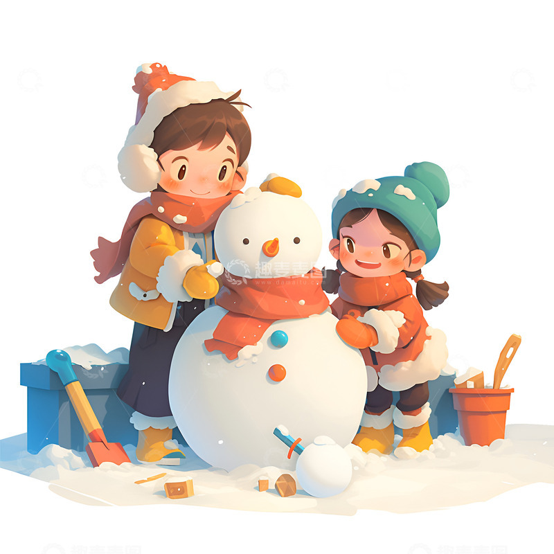 高清大图下载【趣麦麦图】冬季堆雪人的孩子