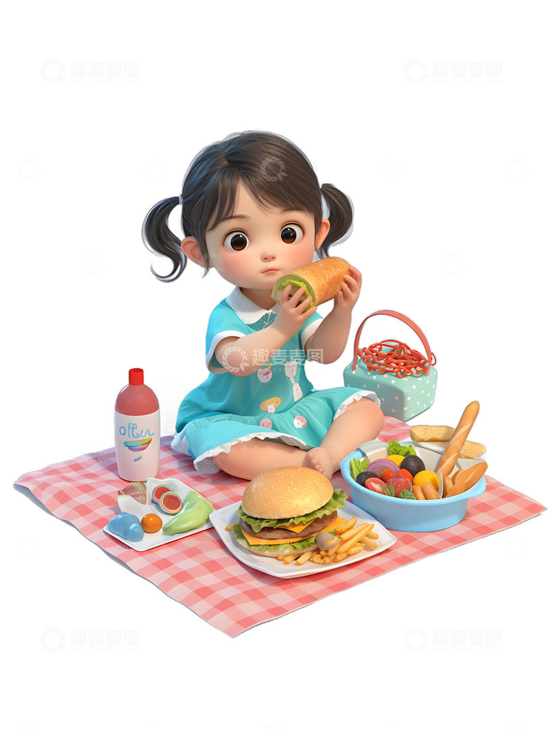 高清大图下载【趣麦麦图】小女孩野餐野炊美食