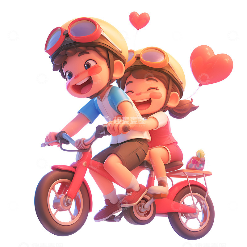 高清大图下载【趣麦麦图】小男孩骑车带着小女孩