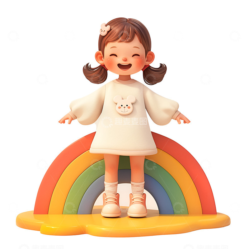 站在彩虹展板前拍照的小孩