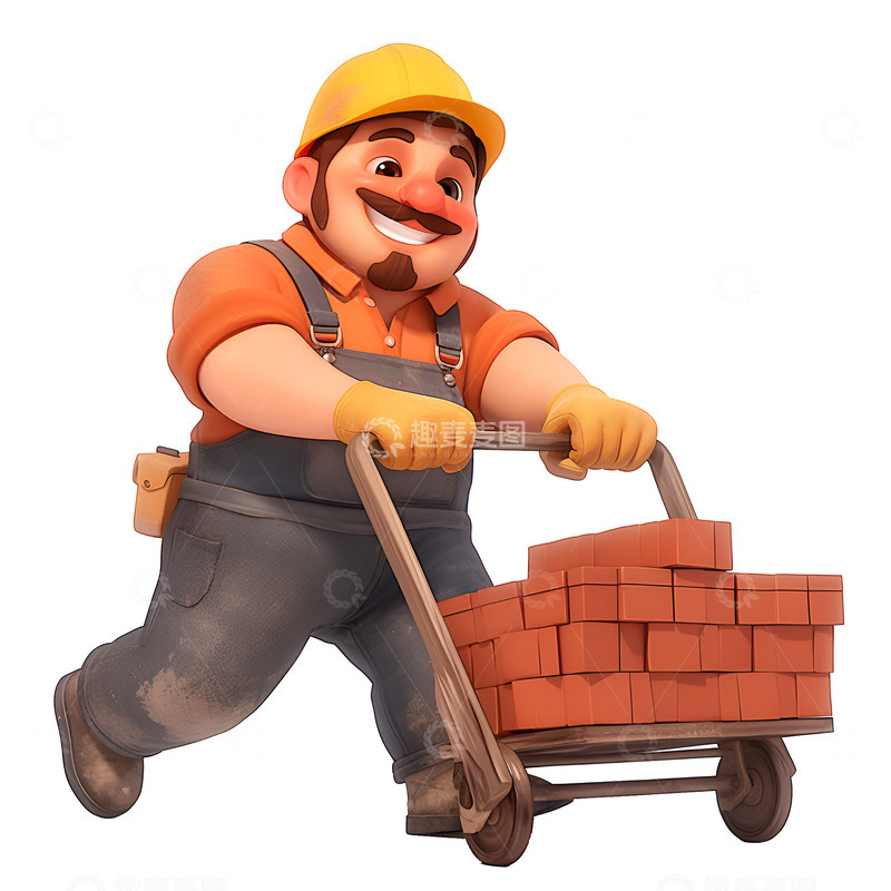 高清大图下载【趣麦麦图】推着一车砖块的工人