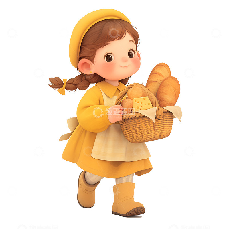 高清大图下载【趣麦麦图】提着一篮子面包的小女孩