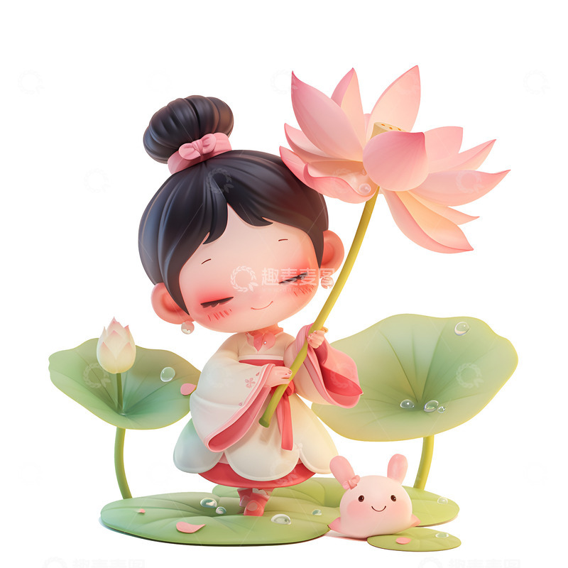 高清大图下载【趣麦麦图】拿着莲花的小女孩