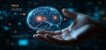 手掌上悬浮着人工智能大脑AI背景图