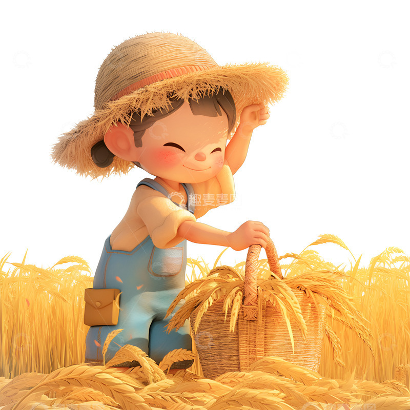 高清大图下载【趣麦麦图】提着一篮子麦穗的小孩