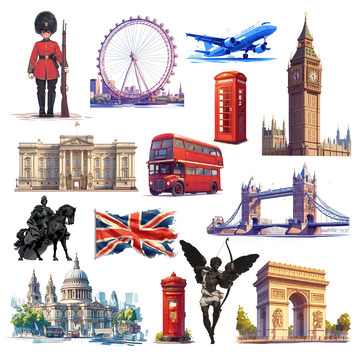 英国地标建筑等元素插画素材