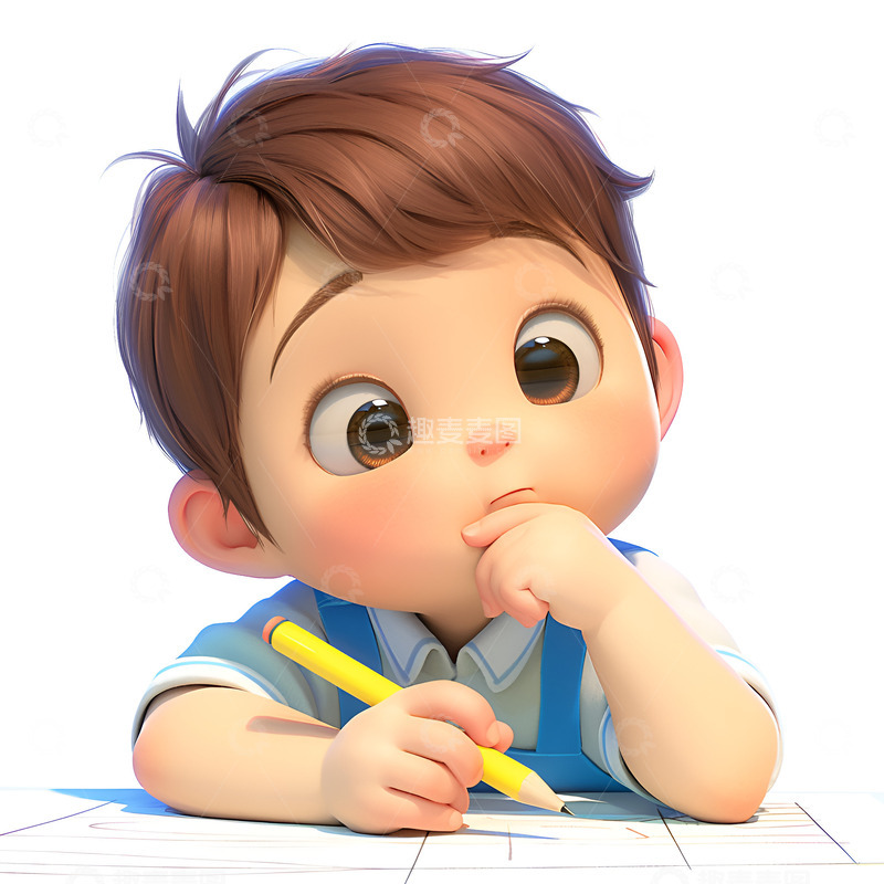 高清大图下载【趣麦麦图】拿着笔思考的小孩