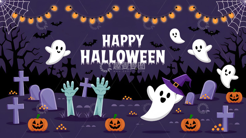 高清大图下载【趣麦麦图】万圣节暗紫色卡通扁平背景