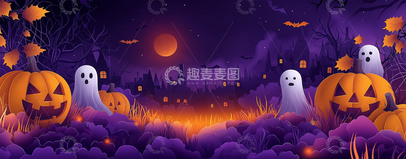 高清大图下载【趣麦麦图】万圣节3D卡通南瓜灯城堡背景