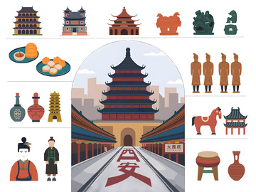 西安地标性建筑矢量插画素材