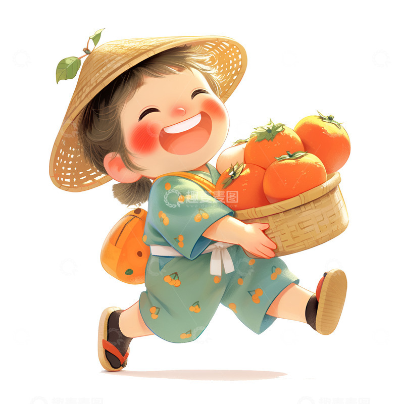 高清大图下载【趣麦麦图】抱着一篮子柿子跑步的小孩