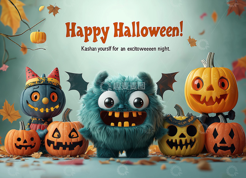 高清大图下载【趣麦麦图】超可爱3D卡通万圣节小怪兽背景