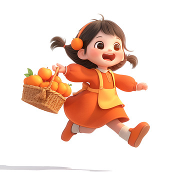 提着一篮子橘子的小女孩