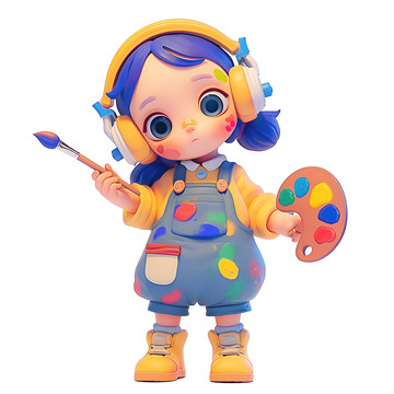 拿着画笔和颜料盘的小女孩
