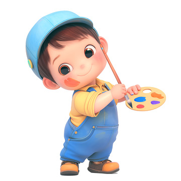 拿着颜料盘和画笔的小孩