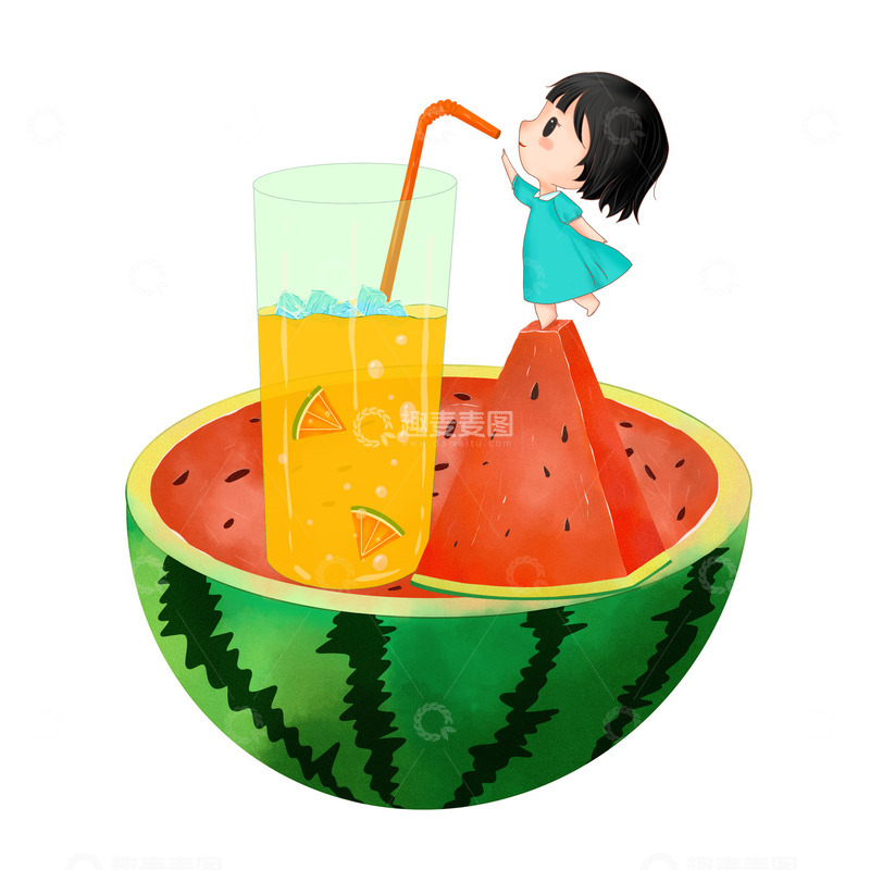 源文件下载【趣麦麦图】小女孩喝西瓜饮料