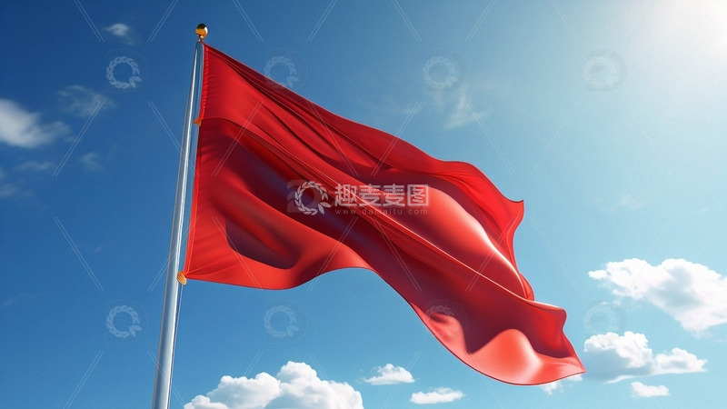 红色旗帜在蓝天下飘扬