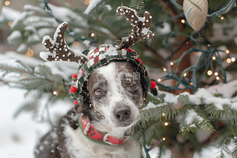 高清大图下载【趣麦麦图】圣诞节带着鹿角装饰的狗狗