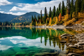湖泊松树林自然风景