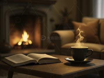 冬天温暖壁炉咖啡