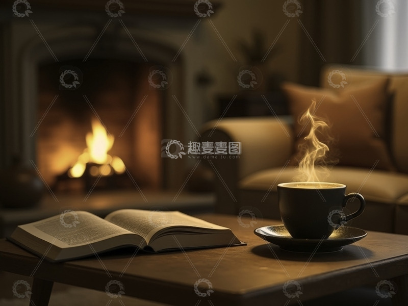 高清大图下载【趣麦麦图】冬天温暖壁炉咖啡