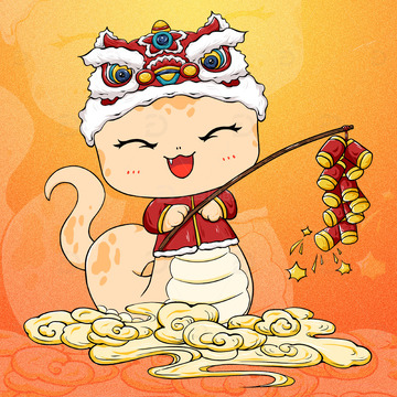 国风卡通蛇年IP拟人放鞭炮