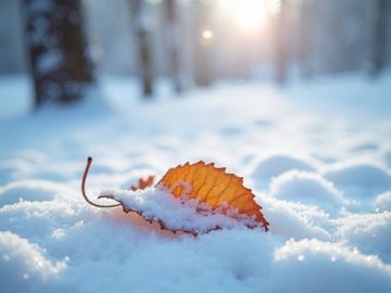冬天雪地上的落叶