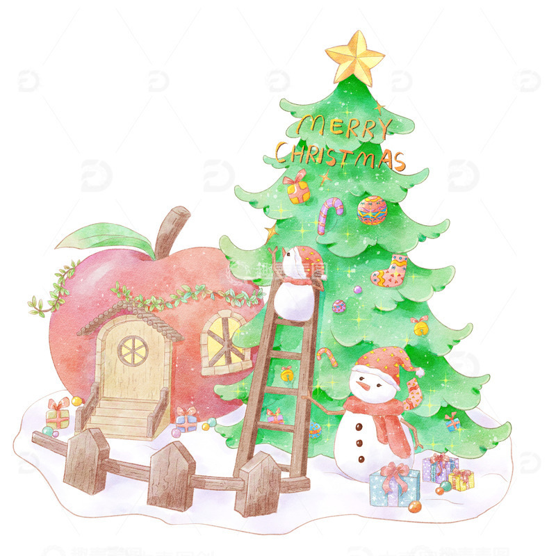 源文件下载【趣麦麦图】圣诞装饰仿水彩插画