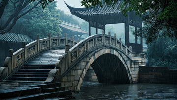 石拱桥 古风建筑 