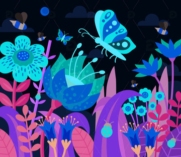 卡通鲜花蝴蝶瓢虫春天背景