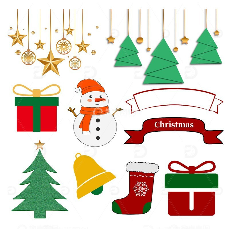 源文件下载【趣麦麦图】卡通圣诞节袜子礼物铃铛雪人圣诞树装饰元素