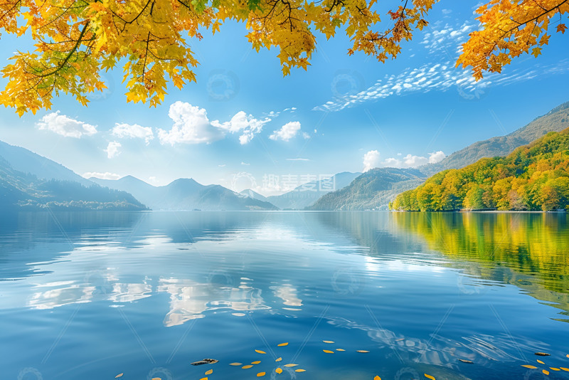 秋季湖泊远山美景