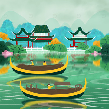 中国风水墨山水亭台楼阁烟雨水乡