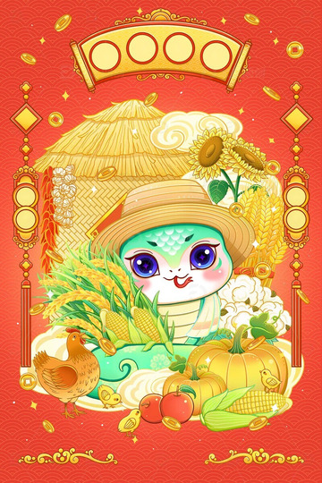 蛇年2025新年五谷丰登春节卡通形象