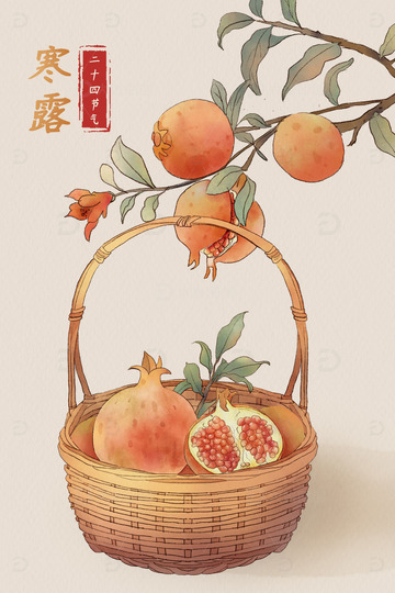 水彩手绘寒露节气石榴时来运转插画