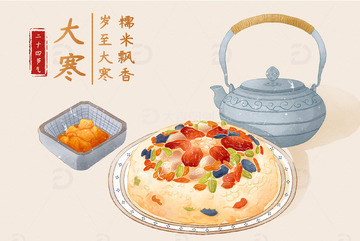 中国风水彩冬天大寒传统节气糯米饭