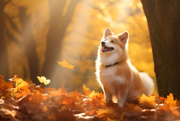 秋季站在树林中的柯基