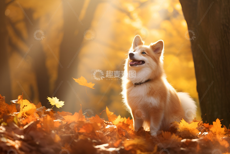 秋季站在树林中的柯基