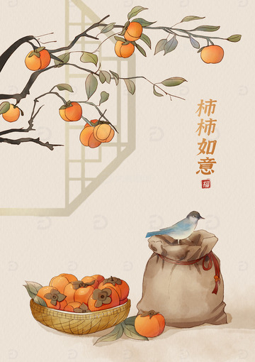 手绘水彩柿柿如意柿子插画