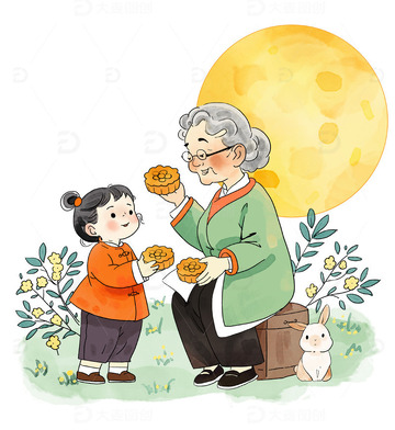 卡通水彩风孙女和奶奶中秋节一起吃月饼
