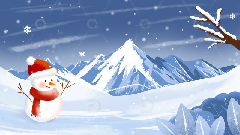   蓝色冬季雪地小雪大雪插画
